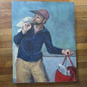 Vintage Original PAPERBOY NEWSPAPER DELIVERY Man Signed ART PAINTING